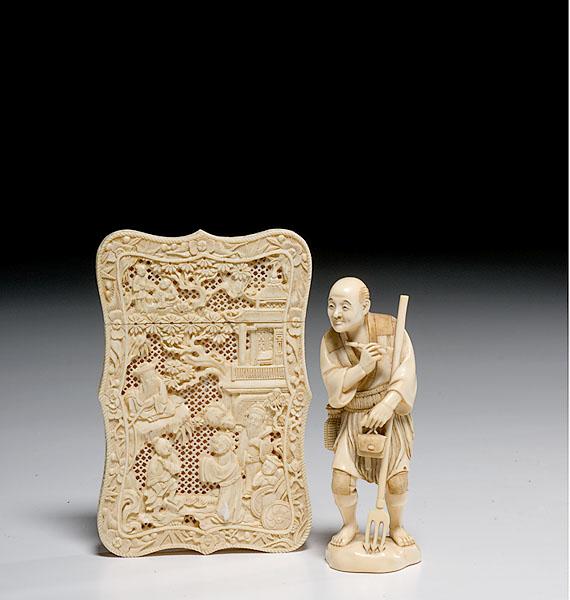 Appraisal: ASIAN IVORY CARD CASE OKIMONO FIGURE both early th century