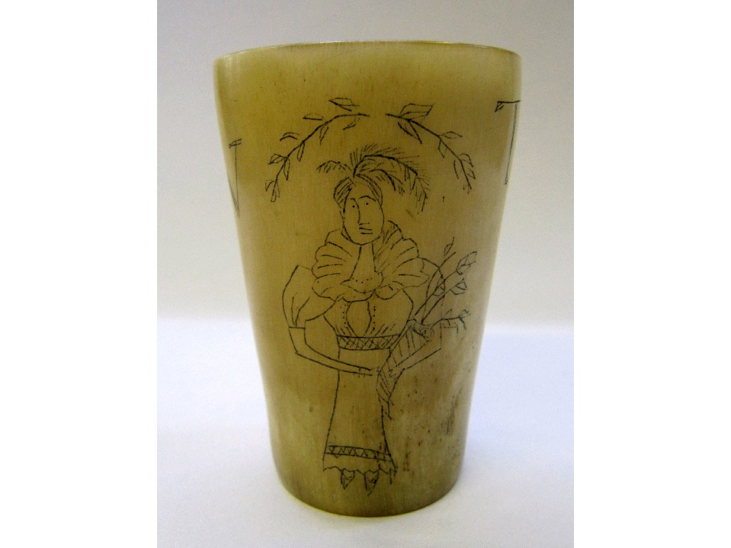 Appraisal: Horn beaker with etched decoration of a woman and initials