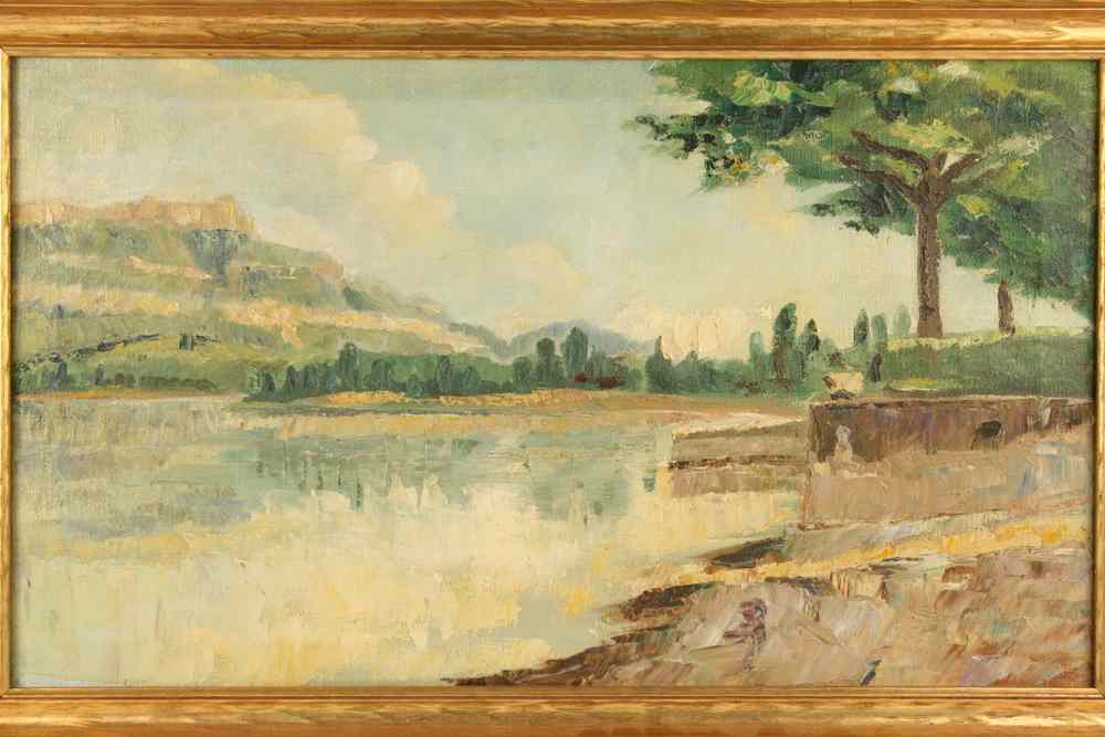 Appraisal: OOC - Depicting landscape of lake and hill in French