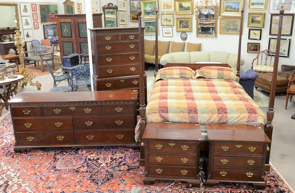 Appraisal: Baker five-piece mahogany bedroom set with queen post bed ht