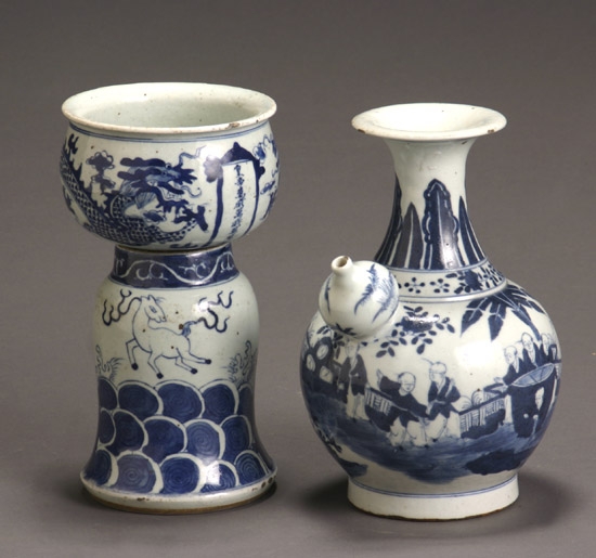 Appraisal: Chinese Blue and White Kendi and a Stem Oil Lamp