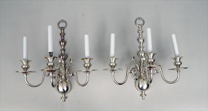 Appraisal: Pair of th Century-Style Pewter Three-Light Wall Sconces x in