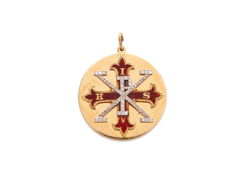 Appraisal: K Gold Diamond and Enamel Chi Rho Pendant K Gold