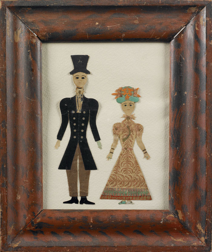 Appraisal: P AIR OF APPLIQUED PAPER FIGURES OF A COUPLE GENTLEMAN