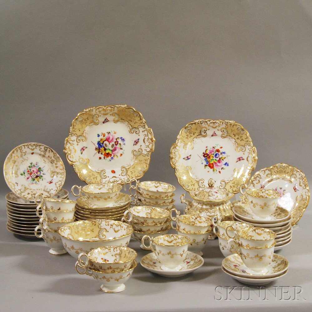 Appraisal: Sixty-piece English Gilt and Hand-painted Floral-decorated Porcelain Partial Tea Service