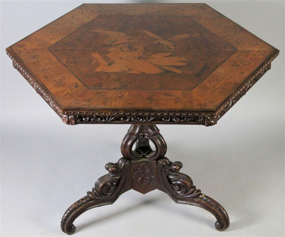 Appraisal: SWISS BLACK FOREST MARQUETRY BURL WALNUT TILT TOP TABLE having