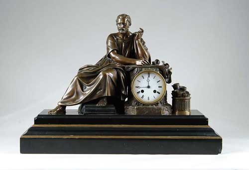 Appraisal: OUTSTANDING BRONZE FIGURAL MANTLE CLOCK Large bronze depicting Aristophanes -