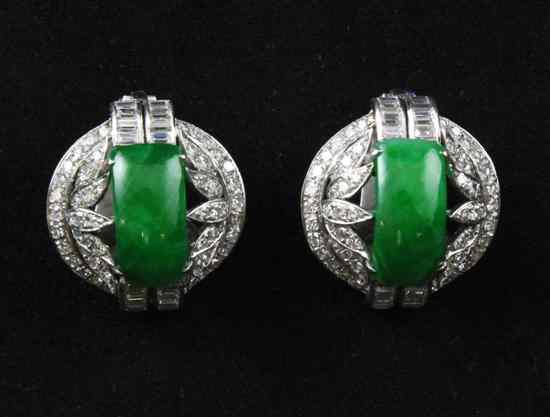 Appraisal: A pair of platinum diamond and jade ear clips with