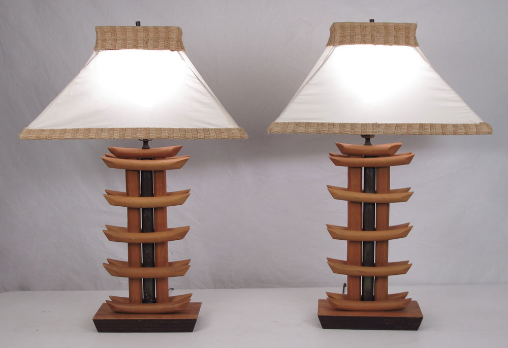 Appraisal: PAIR MID CENTURY BAMBOO LAMPS Bamboo strips create a pagoda