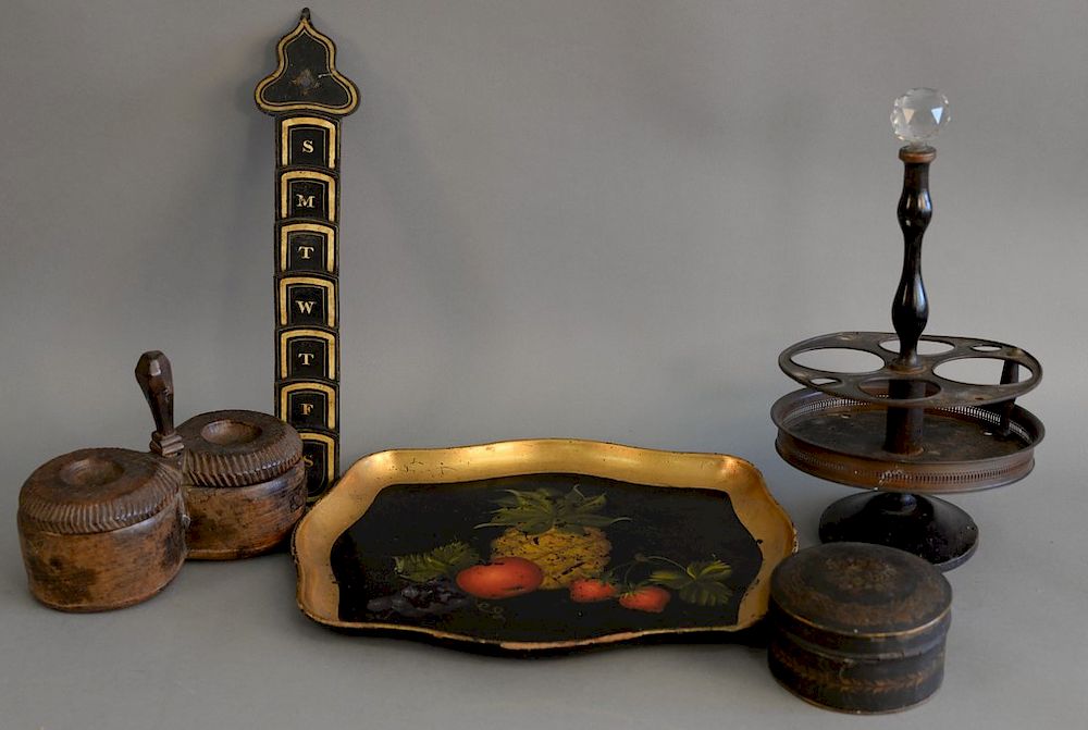 Appraisal: Assorted group to include three painted tole pieces round painted