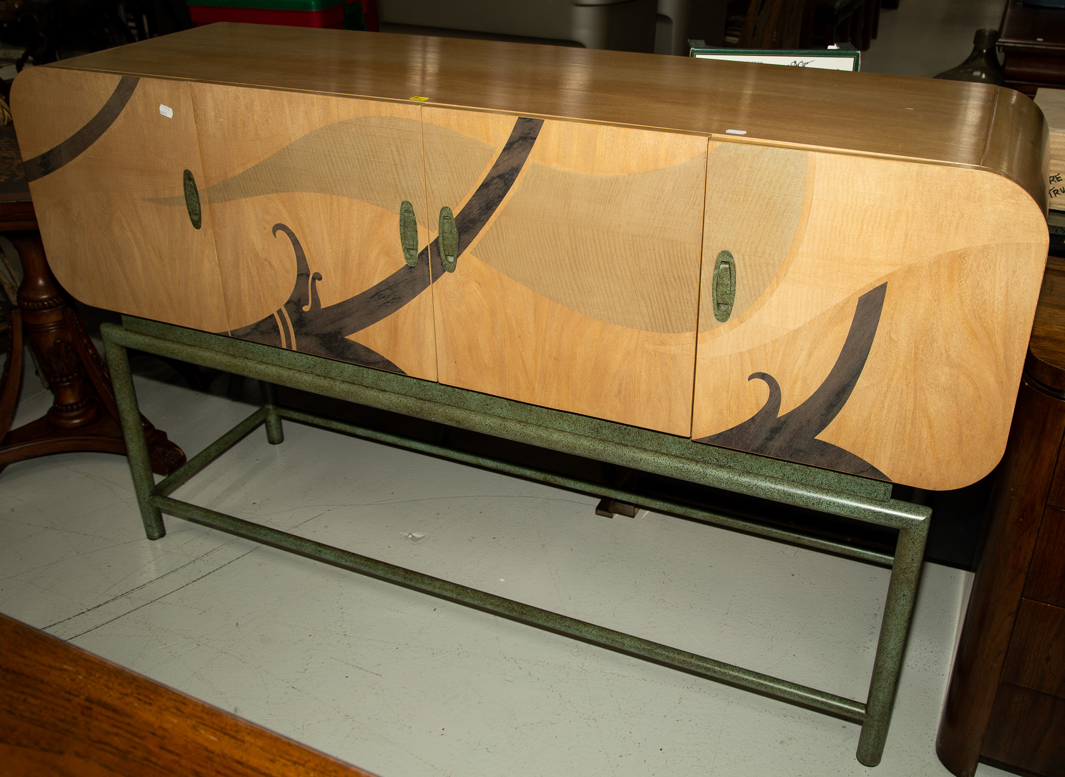 Appraisal: MODERN METAL BASED CREDENZA With marquetry inlaid lauan front in