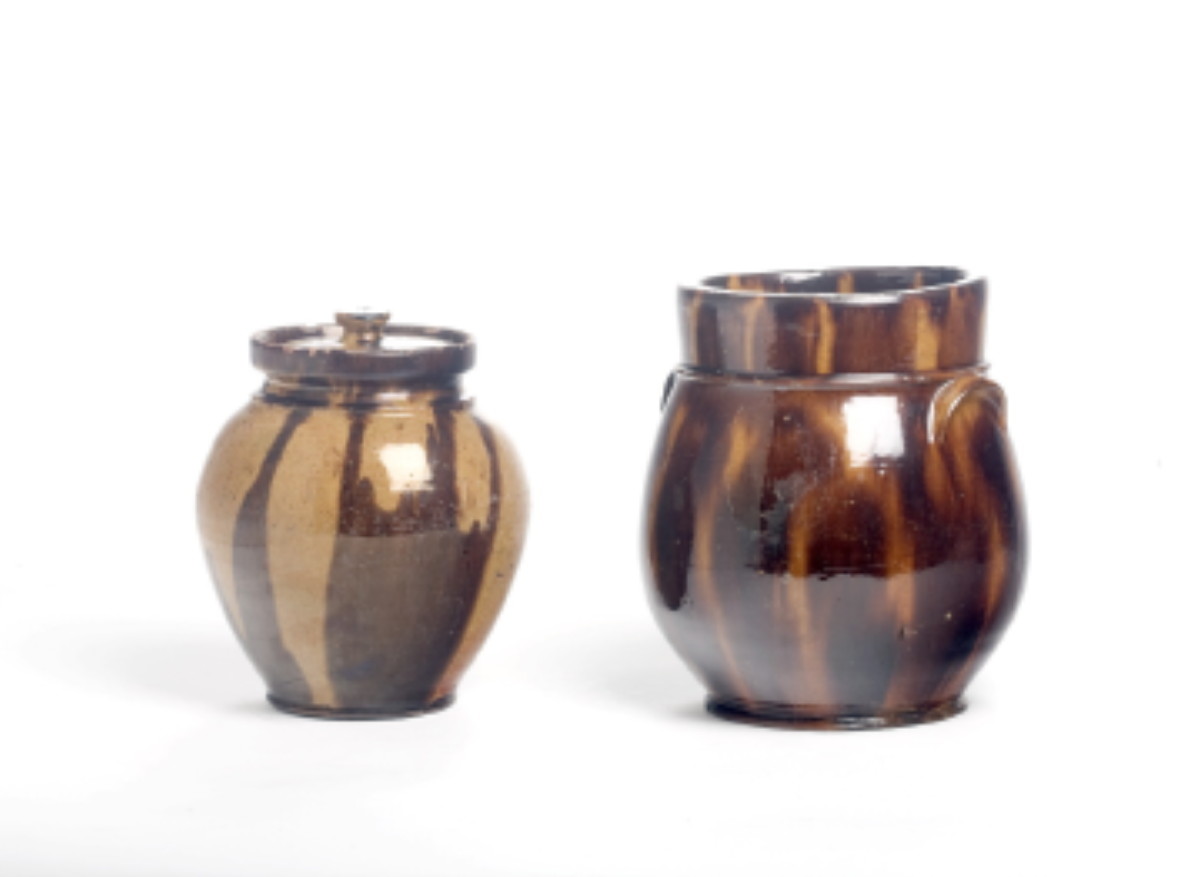 Appraisal: MAINE REDWARE JAR AND COVER CIRCA Of bulbous tapered form