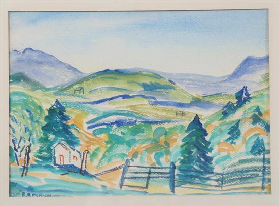 Appraisal: E R CARSON American th century MOUNTAIN LANDSCAPE WITH CABIN