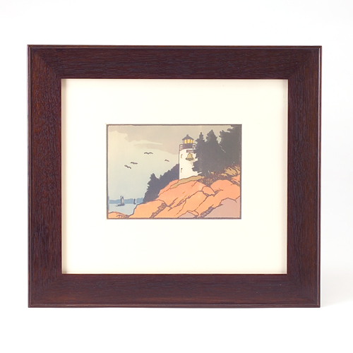 Appraisal: CHARLES REICHERT Color woodblock print of a lighthouse on rocky