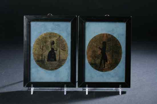 Appraisal: PAIR REVERSE-PAINTED GLASS SILHOUETTES Circa Depicting lady and gentleman in