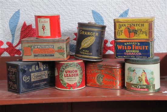 Appraisal: NINE TOBACCO TINS Including Sir Walter Raleigh Mayo's Wild Fruit