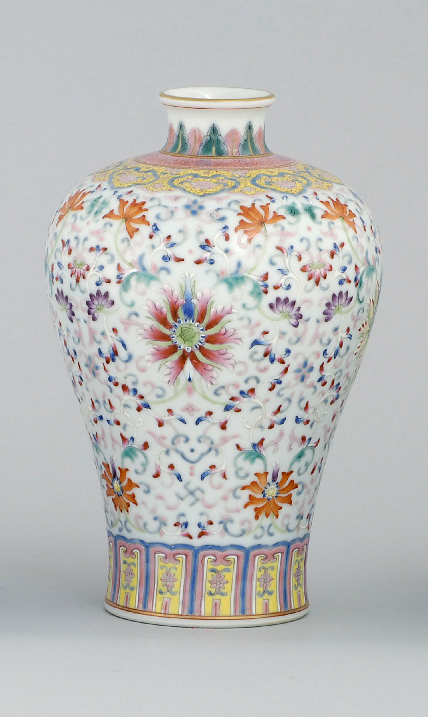 Appraisal: POLYCHROME PORCELAIN VASE In meiping form with fine passionflower and