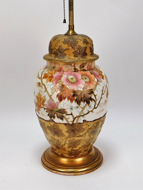 Appraisal: LARGE Gilt Botanical Ceramic Table Lamp Europe th Century Double