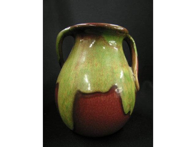 Appraisal: Weller Turkis Art Pottery Handled Vase red green glaze tall