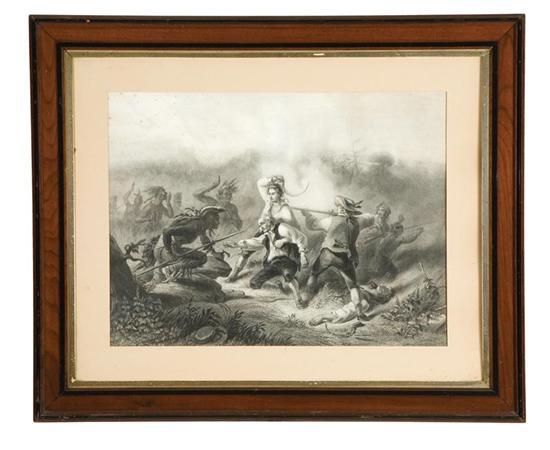 Appraisal: PRINT OF A BATTLE BETWEEN FARMERS AND INDIANS AMERICAN TH