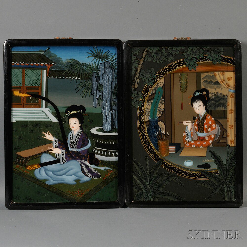 Appraisal: Pair of Framed Reverse Glass Paintings China th century one