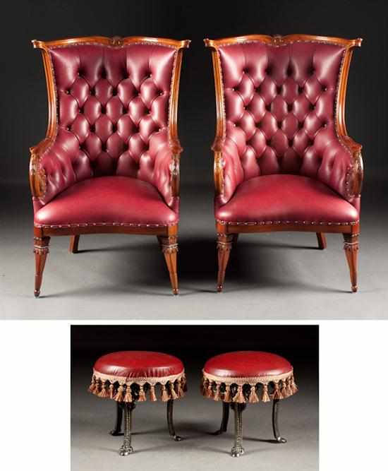 Appraisal: Pair of French style carved mahogany button leather upholstered bergeres