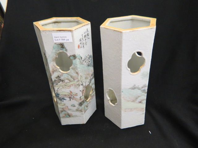 Appraisal: Pair of Chinese Porcelain Wig Stands handpainted landscapes caligraphy fine