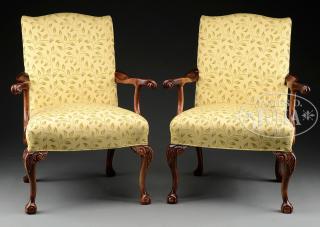 Appraisal: FINE PAIR OF REPRODUCTION CHIPPENDALE STYLE OPEN ARMCHAIRS Beautifully upholstered