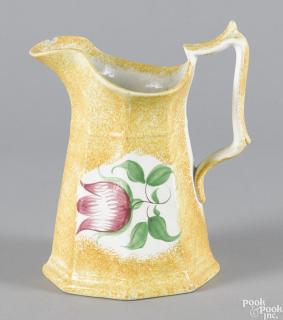 Appraisal: Yellow spatter pitcher th c with tulip decoration '' h