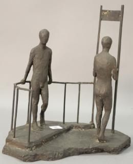 Appraisal: Modernist bronze sculpture of two figures along a railing signed