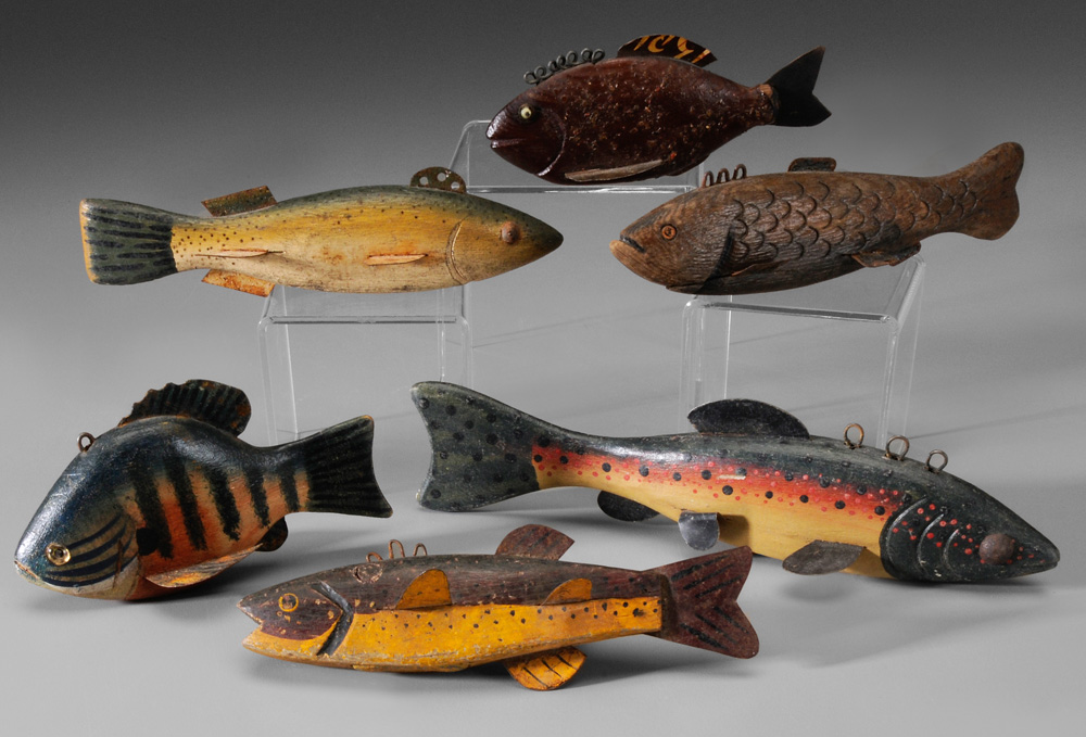 Appraisal: Six Fish Decoys American mid th century or earlier carved