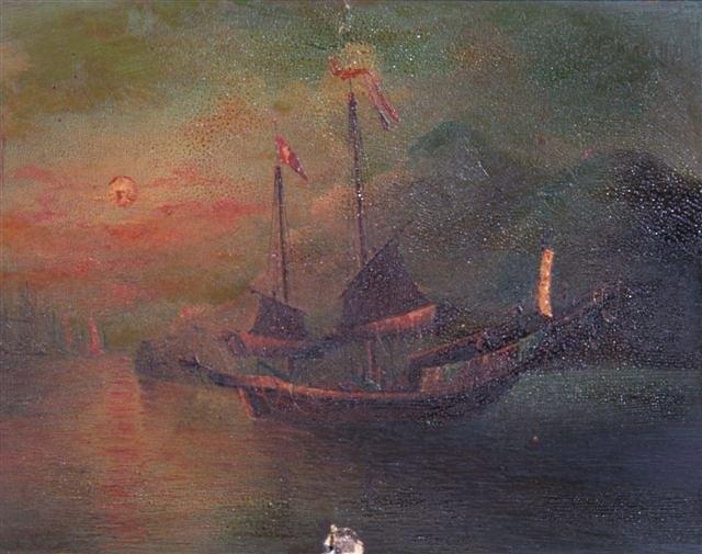 Appraisal: TH CENTURY SCHOOLA Chinese Junk in moonlight oil on canvas