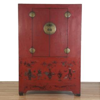 Appraisal: Antique Chinese red lacquer wedding cabinet Antique Chinese red lacquer