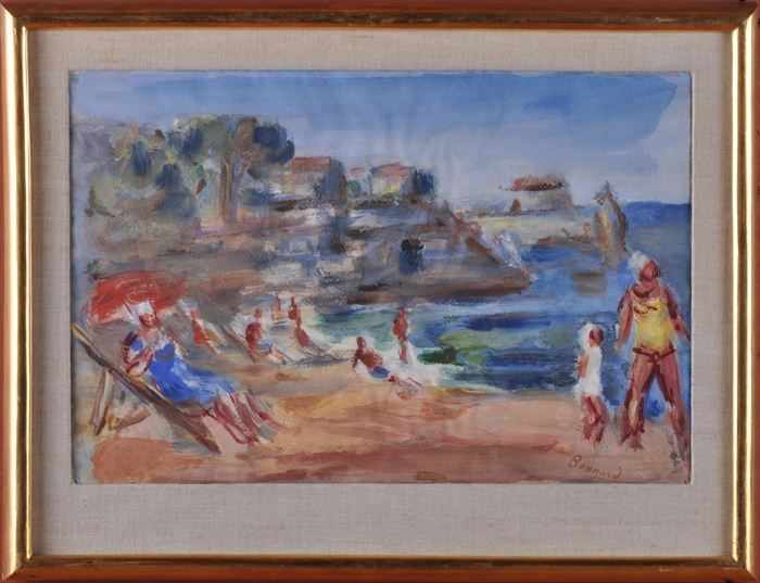 Appraisal: EUROPEAN SCHOOL BEACH SCENE Gouache on paper x in image