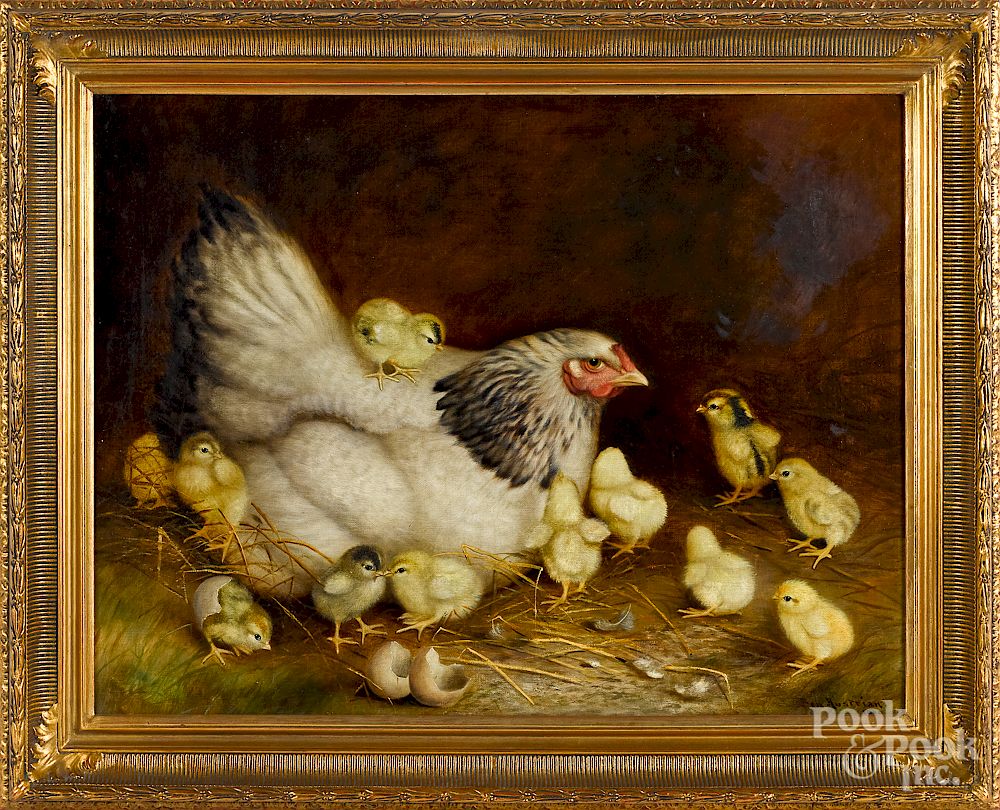 Appraisal: Ben Austrian oil on canvas of hen and chicks Ben