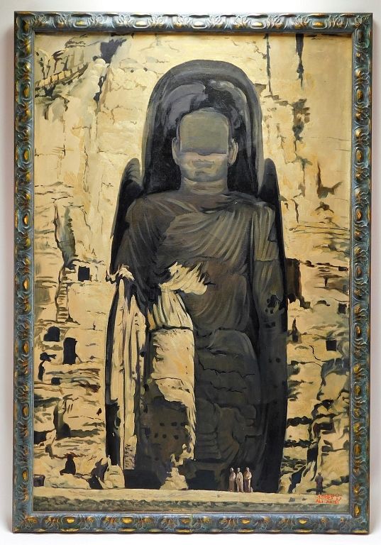 Appraisal: Ali Azizi Middle Eastern Bamyan Buddha Painting Middle East Architectural