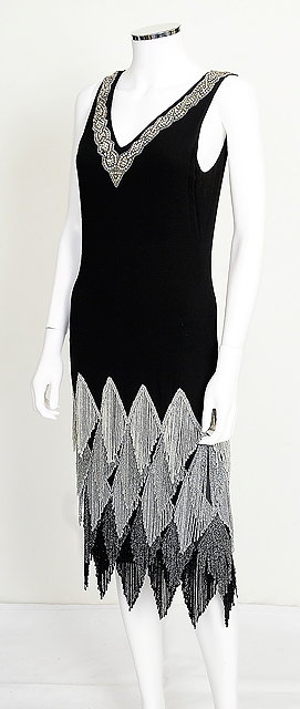 Appraisal: A s style black chiffon flapper style dress with heavily