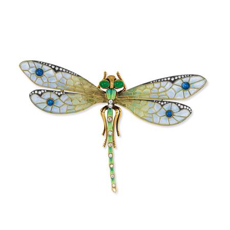 Appraisal: Gold Plique-a-Jour Enamel Cabochon Emerald and Sapphire and Diamond Dragonfly