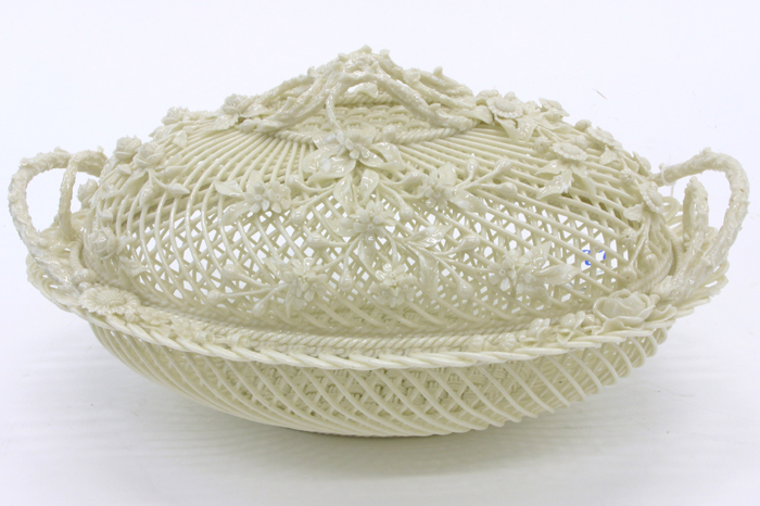 Appraisal: IRISH BELLEEK RARE LARGE OVAL COVERED THREE STRAND TWIG BASKET