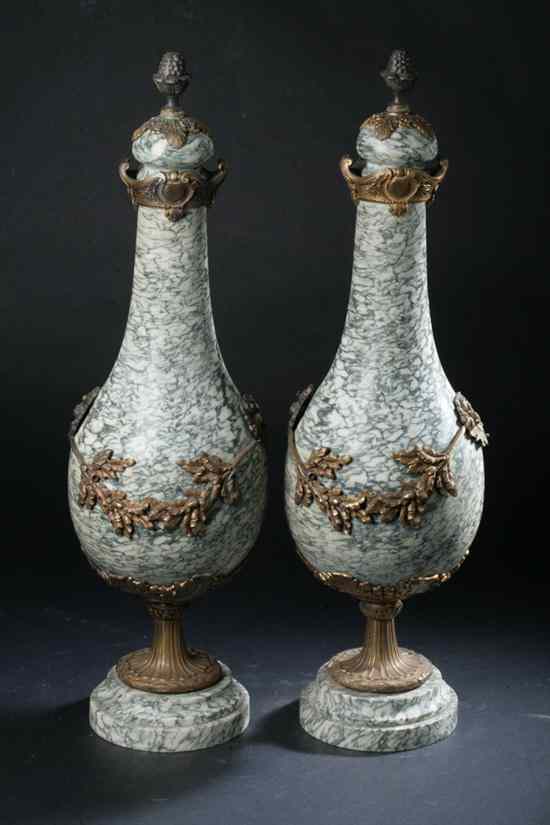 Appraisal: PAIR FRENCH BRONZE-DOR MOUNTED MARBLE URNS th century Green and