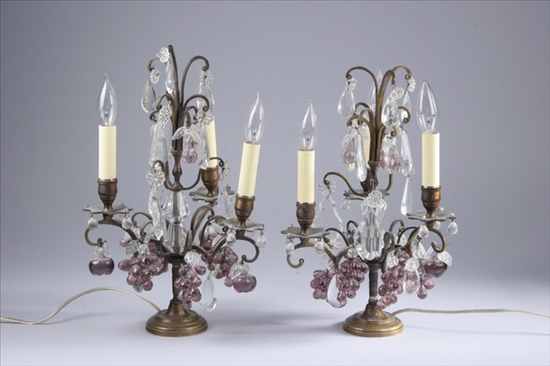 Appraisal: PAIR BRONZE THREE-LIGHT CANDELABRA WITH LUSTRES Central support issuing three