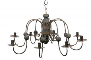 Appraisal: COUNTRY CANDLE CHANDELIER th c Eight-Arm Wrought Iron and Blue