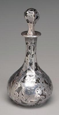 Appraisal: Silver overlay decanter scroll and foliate design L monogram unmarked