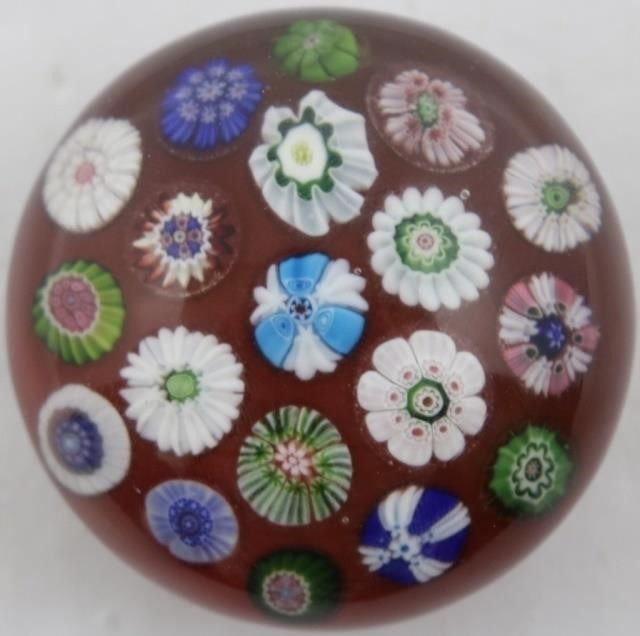 Appraisal: CLICHY SPACED MILLEFIORI PAPERWEIGHT WITHRED GROUND DIAMETER GOOD CONDITION