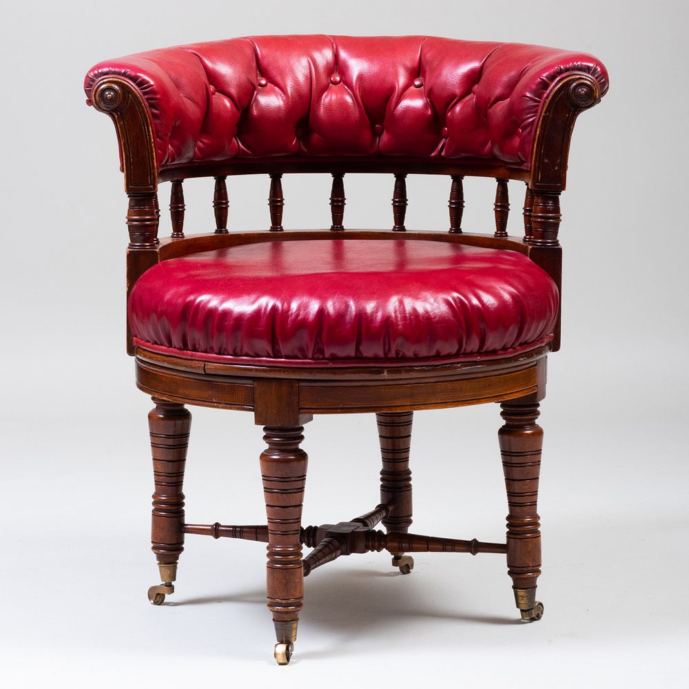 Appraisal: Victorian Oak and Tufted Leather Desk Chair Raised on casters