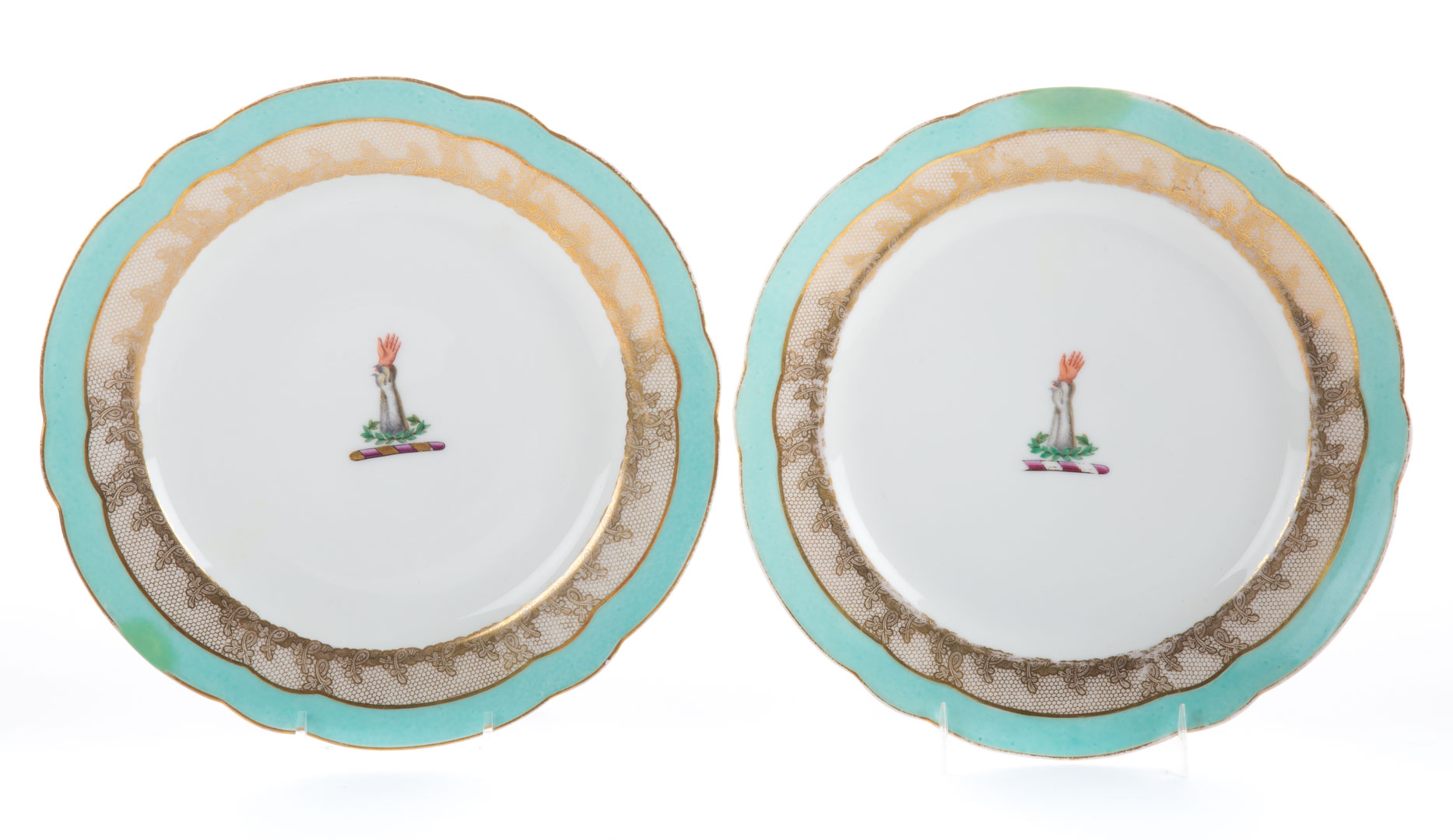 Appraisal: Pair rare Paris Porcelain armorial plates circa aqua border bearing