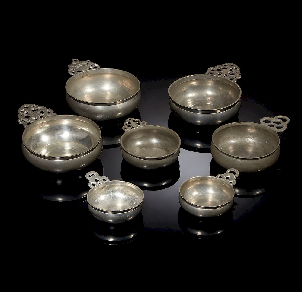 Appraisal: Seven Assorted Pewter Porringers Seven assorted unmarked pewter porringers including