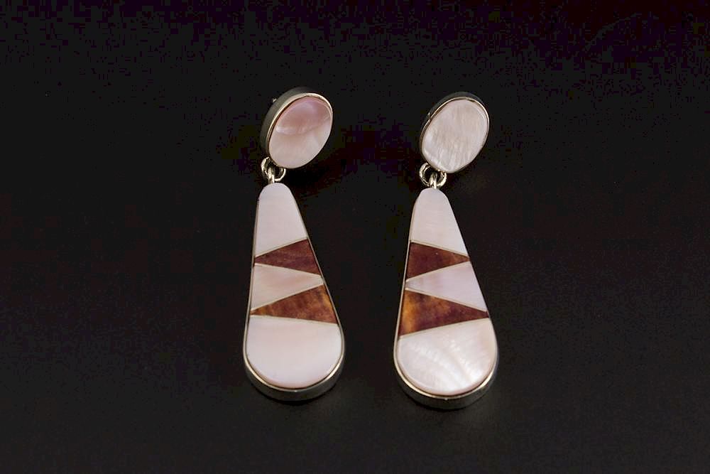 Appraisal: Sterling Silver Inlay Earrings Navajo Sterling Silver Pink Mussel Shell