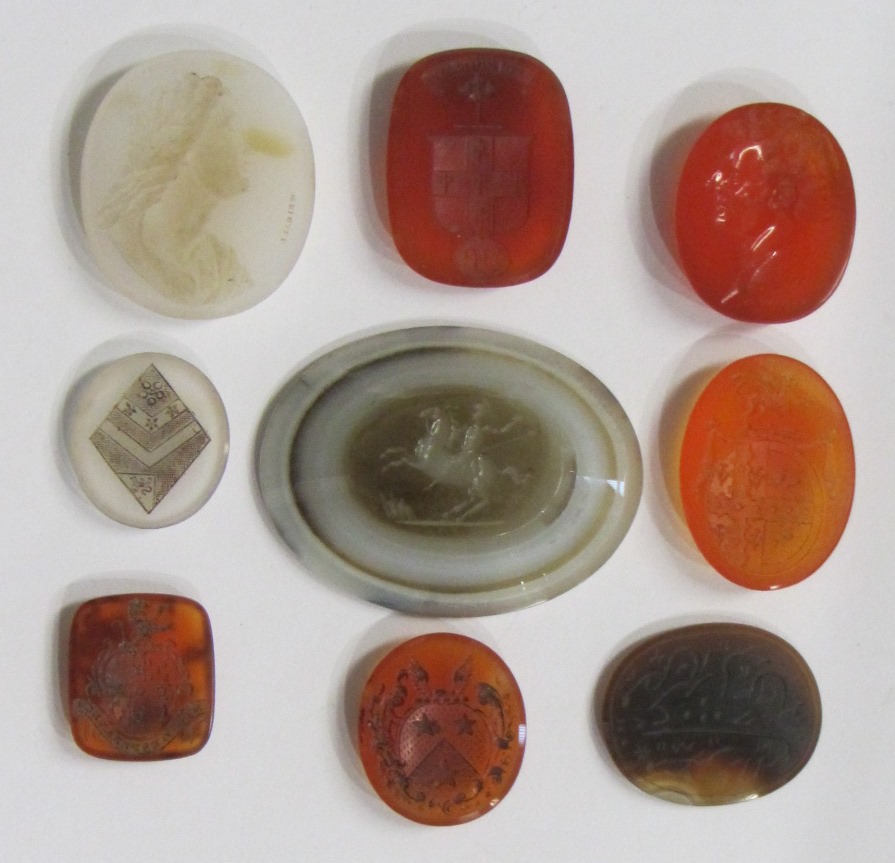 Appraisal: A collection of intaglios including cornelian and vary coloured agate