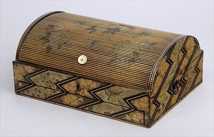 Appraisal: CHINESE EXPORT BLACK LACQUER WRITING TABLE The gilt tambour cover